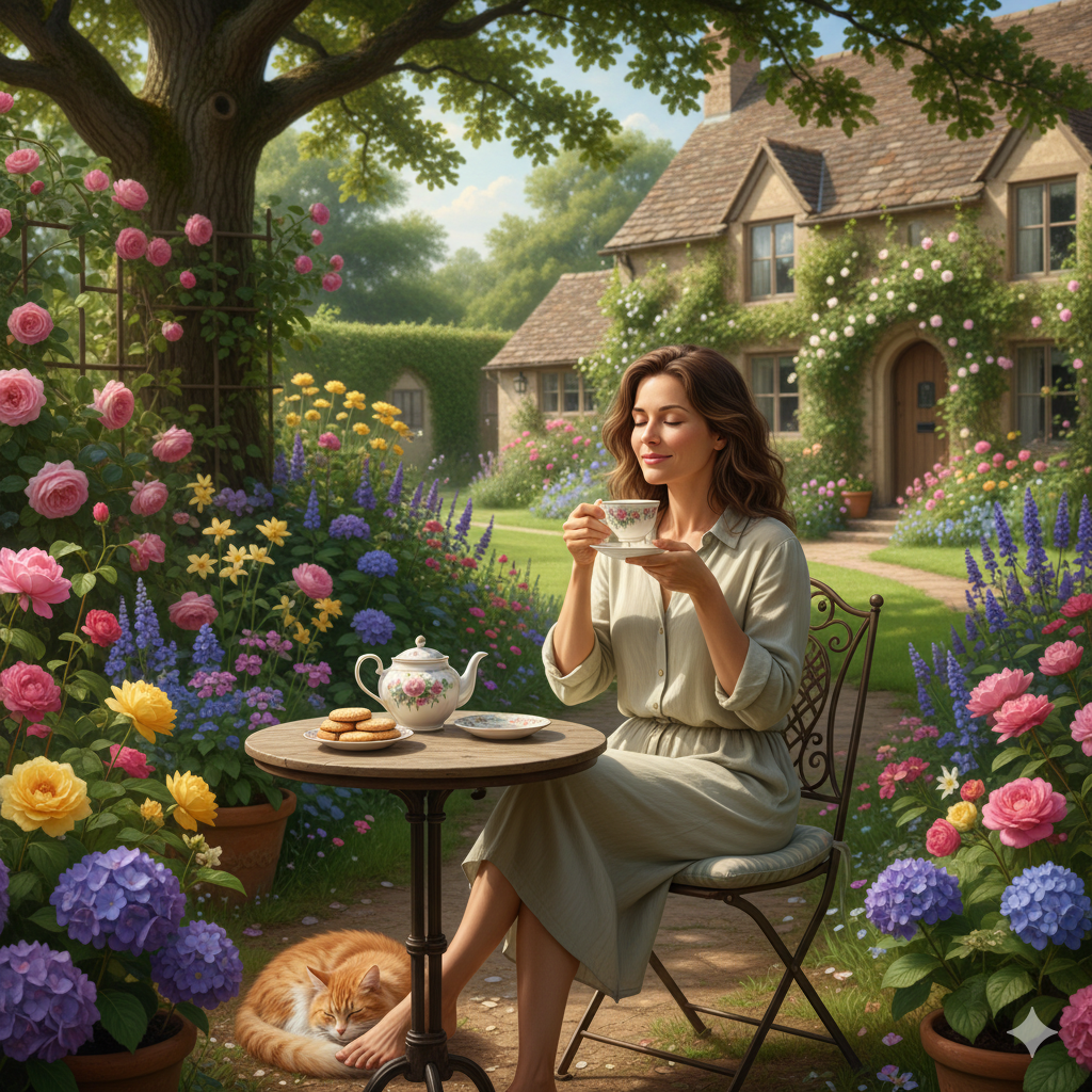 Sarah enjoying tea in her garden