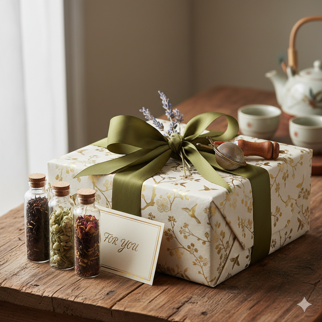 Beautifully wrapped gift package with tea